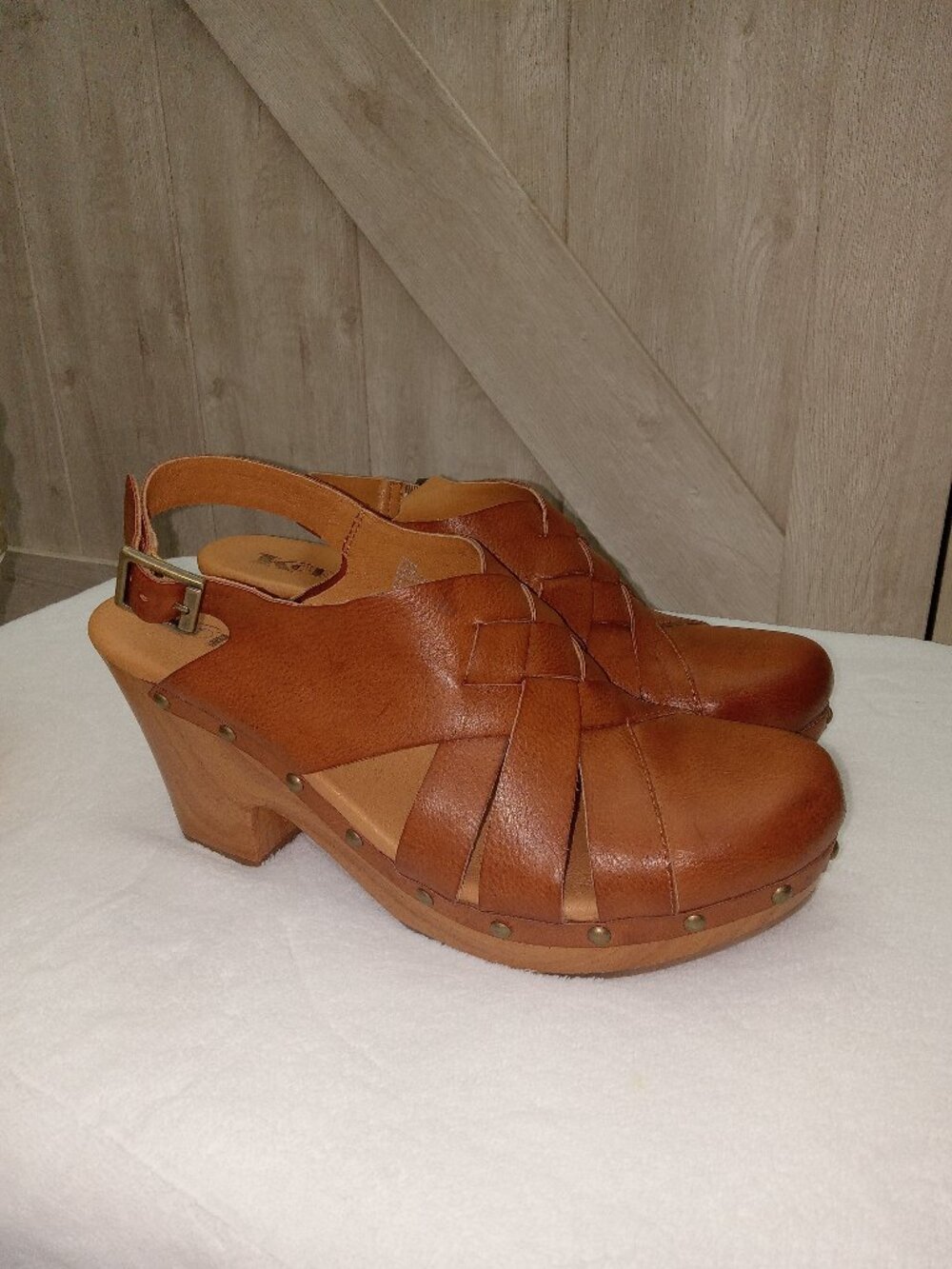 KORKS-Leather Woven Clogs Women's 10 Brown Slingback Platform Chunky Heel Boho